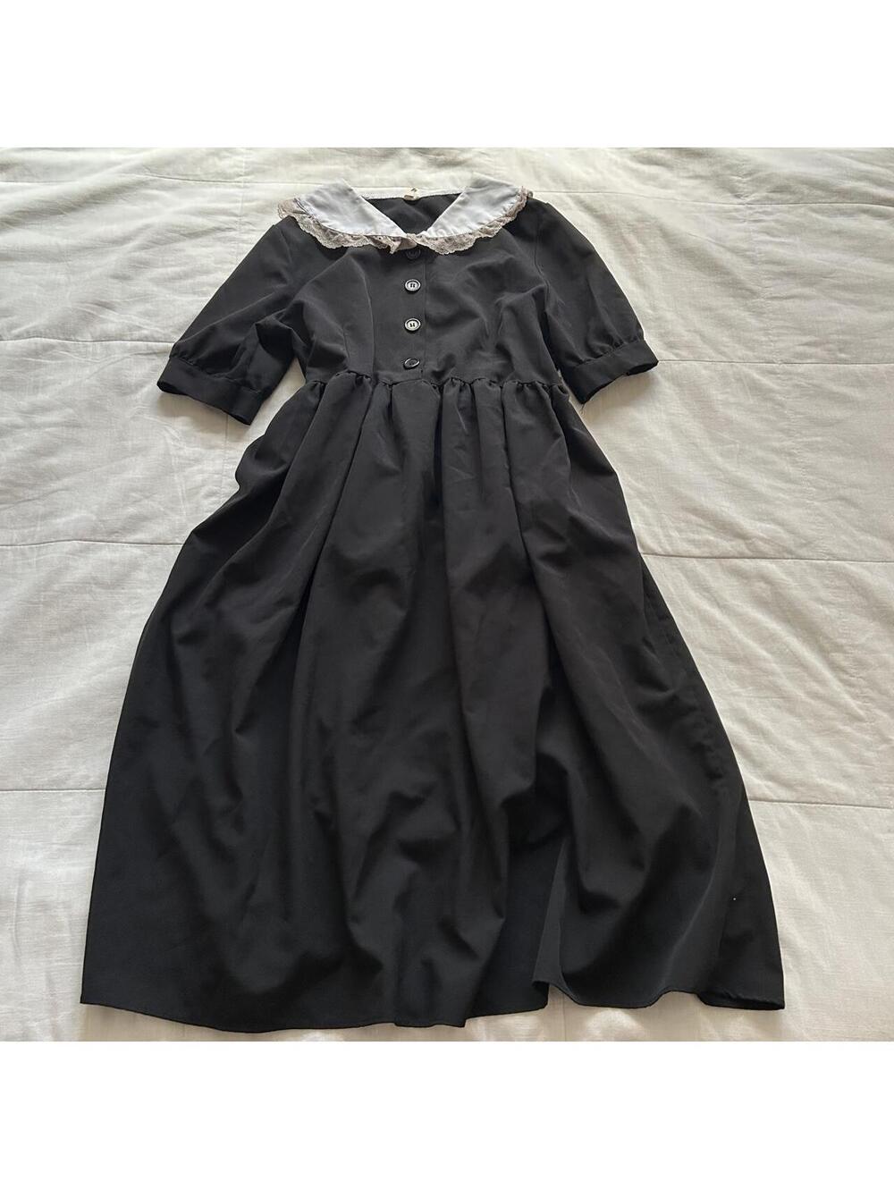 Black Gothic Lolita Midi Dress White Lace Peter Pan Collar Puff Sleeve M
